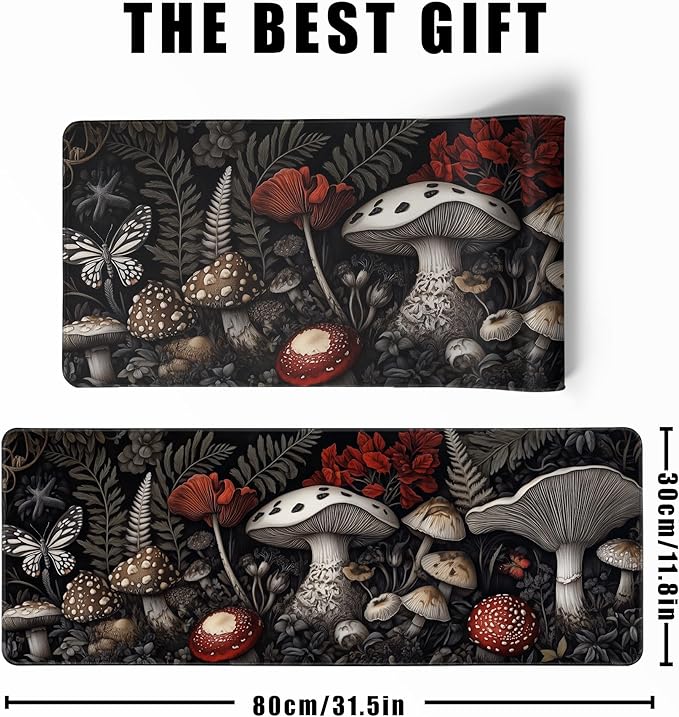 Mushroom Mouse Pad Gaming Desk Pad Ferns XL Large Mat Black Long Extended Mousepad Non-Slip Rubber Mice Pads Stitched Edges Thin Pad (31.5x11.8 Inch)