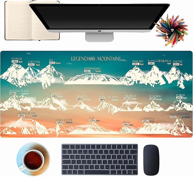 Mountain Desk Mat - XL Mouse Pad with Legendary Mountains Design - Extended Large Desk Mat for Keyboard and Mouse - Non-Slip Nature-Themed Workstation Pad