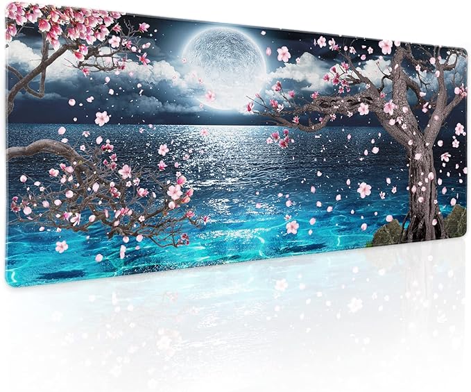 Pink Cherry Blossom Gaming Mouse Pad XL Sakura Tree Blue Ocean Moon Night Extended Big Large Desk Mat Non-Slip Rubber Base Stitched Edge Long Keyboard Mousepad for PC Computer Laptop,31.5×11.8 in