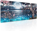 Pink Cherry Blossom Gaming Mouse Pad XL Sakura Tree Blue Ocean Moon Night Extended Big Large Desk Mat Non-Slip Rubber Base Stitched Edge Long Keyboard Mousepad for PC Computer Laptop,31.5×11.8 in