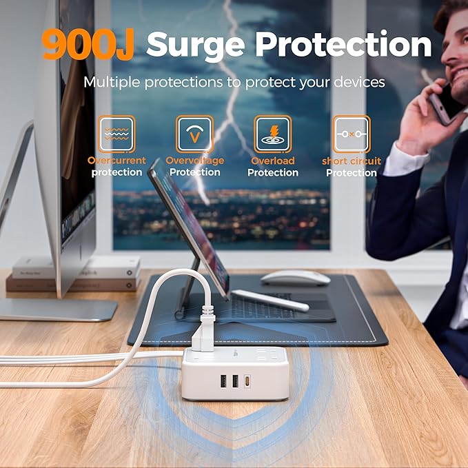 TESSAN Surge Protector Power Strip, 5 Ft Flat Plug Extension Cord with 3 USB (1 USB C 20W PD) 8 Outlets, 1250W, 900J Protection, 3 Sided Outlet Extender with Power Switch for Office, Dorm Room, Grey