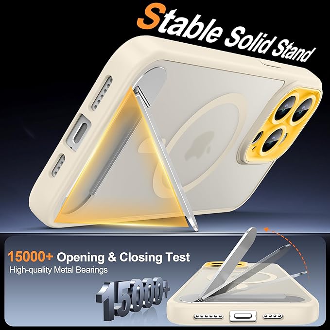 Magnetic Compatible with iPhone 15 Pro Max Case, [Built-in Kickstand][Full Camera Protection][Compatible with MagSafe][Anti-Fingerprint] Shockproof Phone Case for iPhone 15 Pro Max 6.7",Beige & Yellow