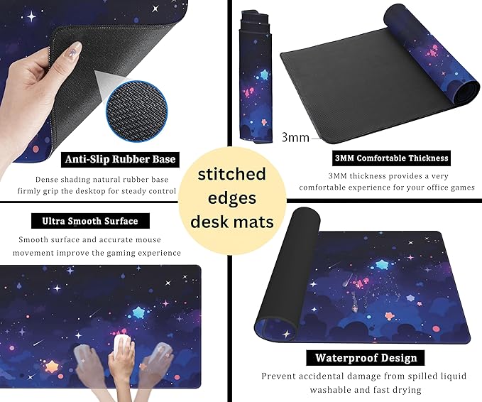 Blue Stars Desk Mat Cute Cloud Desk Pad, Aesthetic Starry Sky Mouse Mat Gaming Mousepad XXL, Extra Large Deskktop Mats for Keyboard and Mouse, Computer Laptop Mat Kawaii Desk Decor 31.5"x15.75"