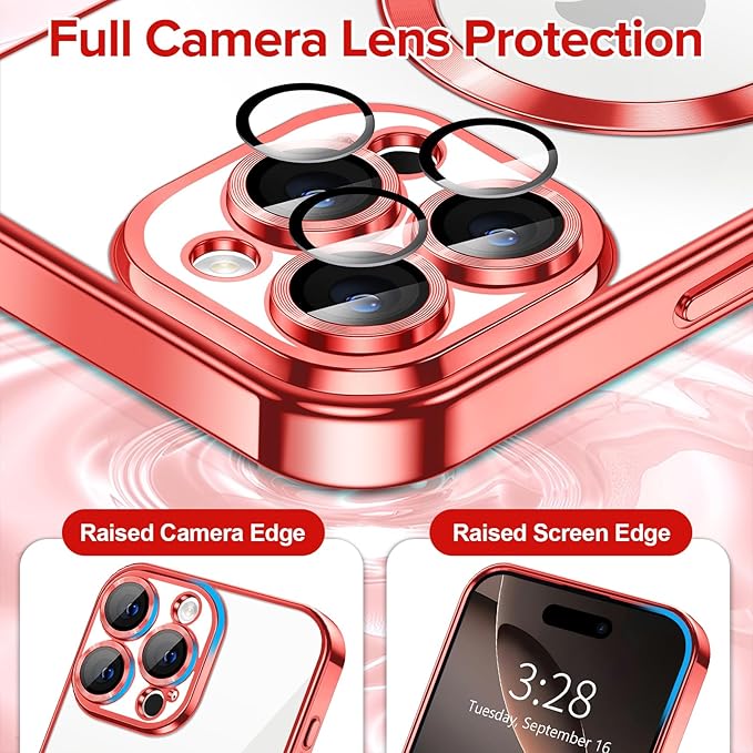 Hython Magnetic Clear for iPhone 16 Pro Max Case with Camera Lens Protector [Compatible with MagSafe] Plating Edge Slim Soft TPU Cover Protective Phone Case for iPhone 16 Pro Max 6.9", Red