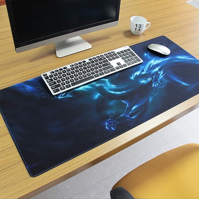 Meffort Inc Extra Large Extended Gaming Desk Mat Non-Slip Rubber Pads Stitched Edges XXL Mouse Pad 35.4 x 15.7 inch - Blue Dragon