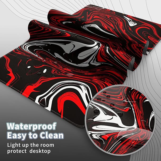 Gaming Mouse Pad, Red and Black Swirl Big Desk Pad for Keyboard and Mouse, Extended 35.5" X 15.75" In Computer Keyboard Mouse Mat 3mm Thick XXL Rubber Mousepad for Laptop Gamer, Fluid Marble