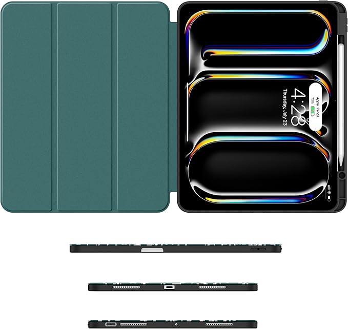 Soke Case for New iPad Pro 13 Inch (M5/M4, 2025/2024 Release), with Pencil Holder Trifold Stand Shockproof [Support Apple Pencil Charging + Auto Wake/Sleep], Soft TPU Back Cover, Book Teal