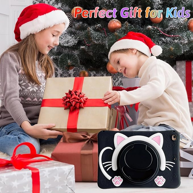 Dteck for iPad 10.9" 10th Generation Case Kids,Cute Cartoon 3D Unique Design Light Rotating Handle Stand Shoulder Strap Soft Silicone Funda Drop Rugged Shockproof Protective Kid-Proof Case,Black Cat