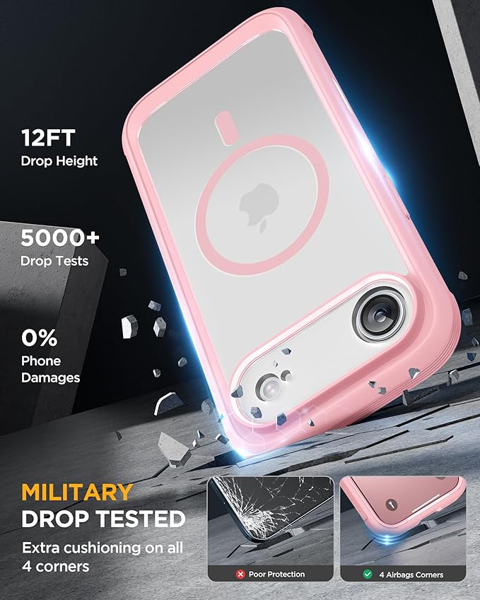 Miracase Magnetic for iPhone Air Case 6.5" [Compatible with MagSafe] Full-Body Phone Case with Built-in Glass Screen Protector & Camera Control,Drop Proof iPhone 17 Air Case Cover, Pink