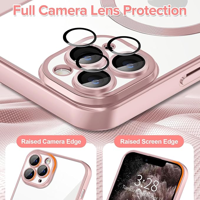 Hython Magnetic Clear for iPhone 11 Pro Max Case with Camera Lens Protector [Compatible with MagSafe] Plating Edge Slim Soft TPU Cover Protective Phone Case for iPhone 11 Pro Max 6.5", Matte Pink