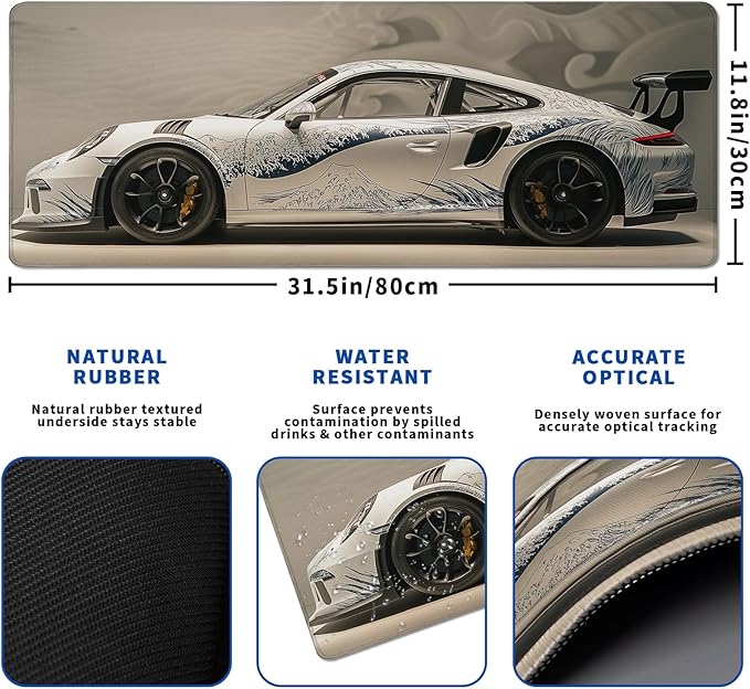 White Ukiyo-e Style Sports Car Mouse Pad Abstract White Mouse Pad 31.5x11.8 Inch Texture Non-Slip Rubber Base Large Mousepad Stitched Edges Keyboard Mouse Mat Desk Pad for Office and Home
