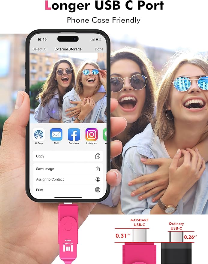MOSDART 256GB USB 3.2 Fast Speed C and A Dual Flash Drive, exFAT Memory Stick with Keychain and LED Indicator, for iPhone 15,16,17, Android Phone, iPad, MacBook, and Other Laptops, Hot Pink