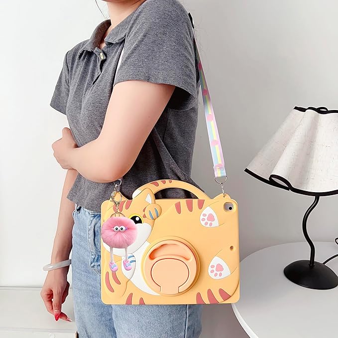 3D Cute Vivid Cat Case for iPad Air 1st 2nd/iPad Pro 2016/iPad 5th 6th 9.7 inch,Kawaii Cartoon Character Pretty Cat Soft Silicone Rotating Stand Case with Lanyard for Kids Teens Girls Women