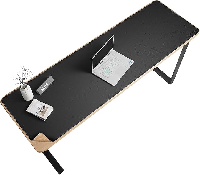 Chihein 63” x 20” Cork & PU Leather Desk Mat (Black) - Huge Mouse Pad, Double Sided Waterproof Desk Pad Protector for Gaming, Office, Home