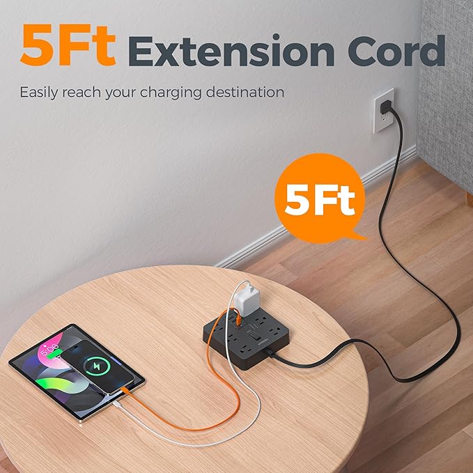 TESSAN 5Ft Black Extension Cord with Multiple Outlets, Surge Protector Power Strip with 6 Outlets and 3 USB Ports (1 USB C), 1700 Joules Protection, Flat Plug, Outlet Extender for Home, Office, Dorm