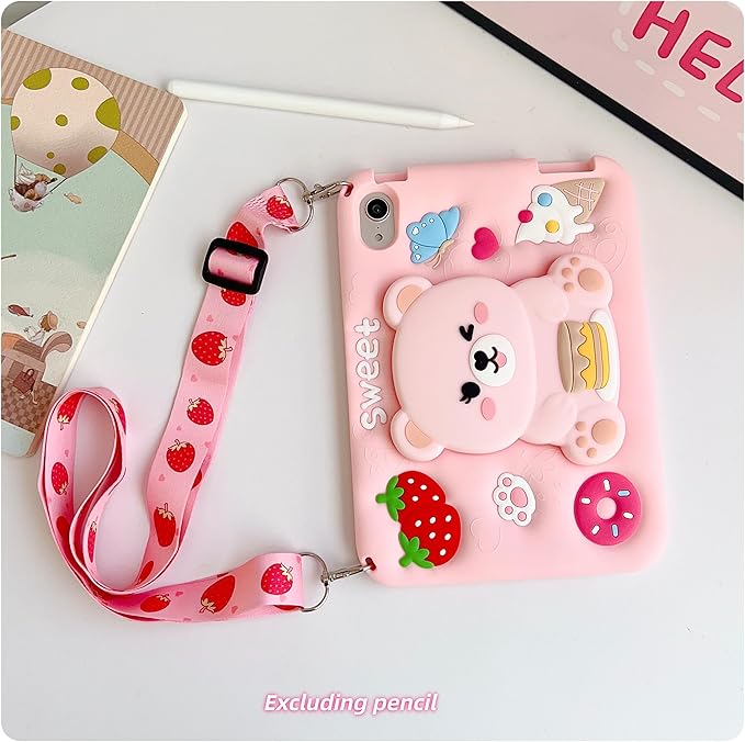 for iPad mini 6/7 Case for Girls- 8.3 inch iPad mini 7th Generation A17 pro Soft Silicone Cover with Pencil Holder,Shoulder Strap & Stand for School,Cute Bear Strawberry Gift for Teen Kids