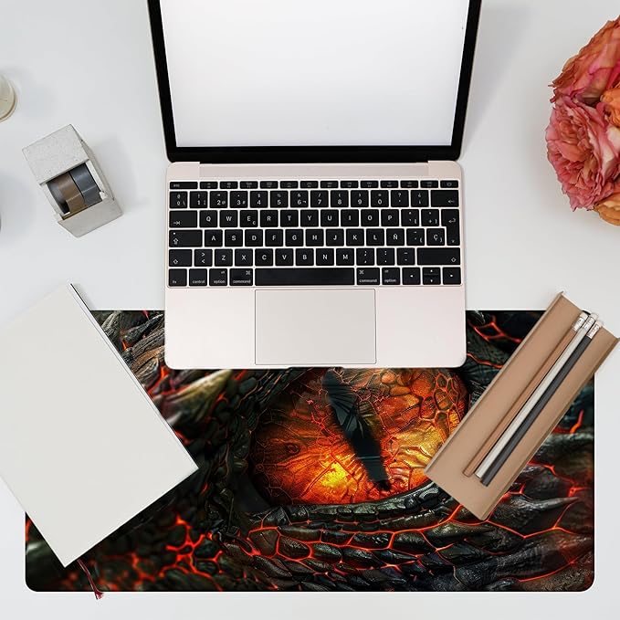 Desk Pad, Fire Dragon Eyes Gaming Mouse Pad, 31.5"x15.7" Extended Big Computer Keyboard Mouse Mat with Non-Slip Base and Stitched Edge