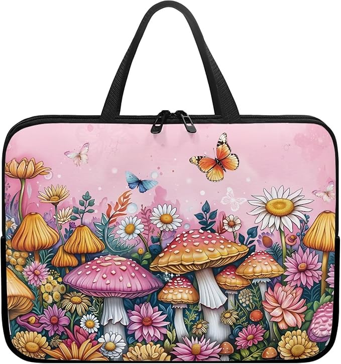13 Inch Mushroom Butterfly Laptop Sleeve Cover Computer Bag Tablet Carrying Case with Handle, Water-Repellent Tote Bags Notebook Sleeves Handbag Messenger Briefcase Shoulder Bag
