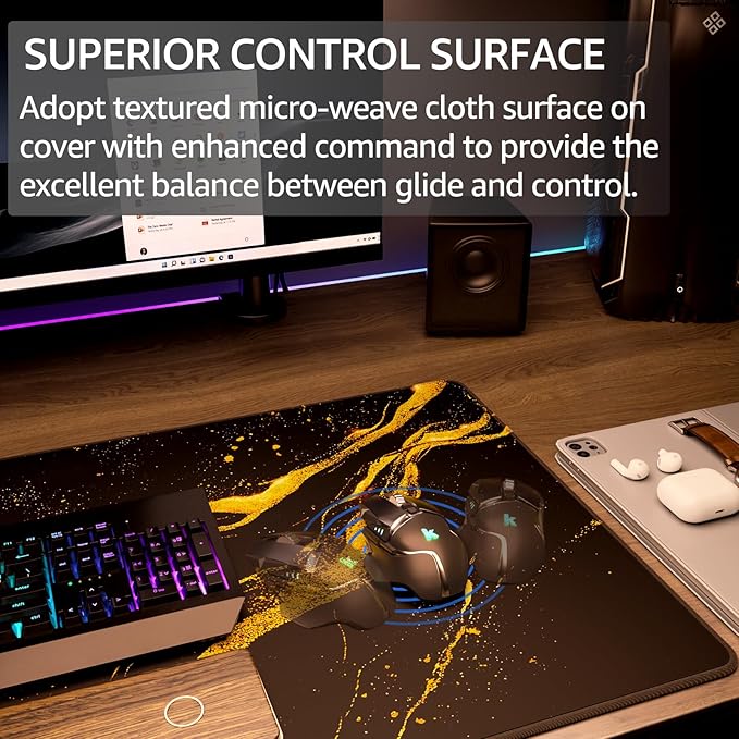 KTRIO Large Gaming Mouse Pad Desk Mat, Superior Micro-Weave Cloth, Non-Slip Rubber Base, Stitched Edges, Water-Resistant, for Gamer, Office & Home, 31.5 x 15.7 Inch， Black Gold