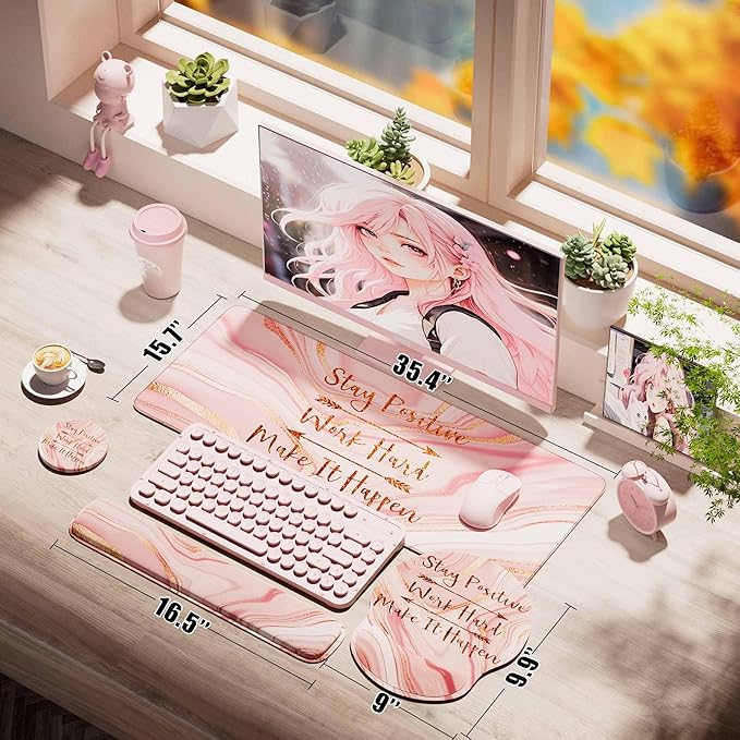 Large Mouse Pad and Keyboard Wrist Rest + Desk Mat Set,Full Long Mouse Pads for Desk Accessories with Memory Foam Gel Pink Mousepad for Women Computer Desktop Office Work-Rose Gold & Pink