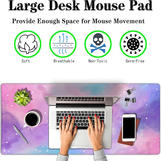 Gaming Pink Mouse Pad Purple Game Mat Big Mouse Pads Desk Mat for Women Computer Mat Pc Gaming Mouse Pad Waterproof Non-Slip Rubber Base 35.4" X 15.7" for Game Office, Starry Sky Cute