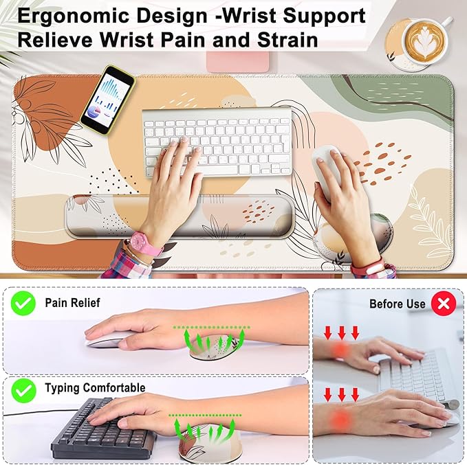Keyboard Wrist Rest + Mouse Pad with Wrist Support + Desk Mat + Coaster 4 in 1 Set, XXL Large Gaming Mousepad Cute Ergonomic Mouse Pads for Desk Computer Laptop Office Decor-Boho Leaves