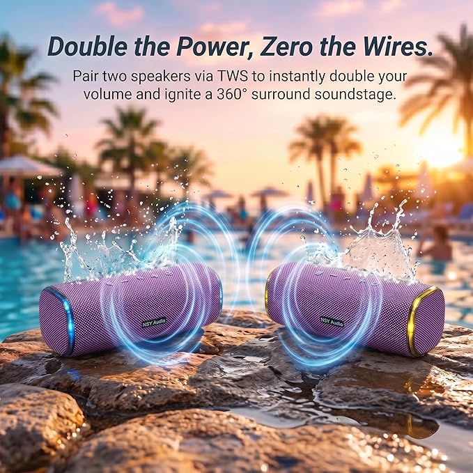 40W Bluetooth Shower Speaker, IPX7 Waterproof Floating Pool Speaker with Interactive Tap-to-Play Drum Beats, 25H Playtime, LED Lights, Built-in Mic for Hands-Free Calls in Bathroom, Purple