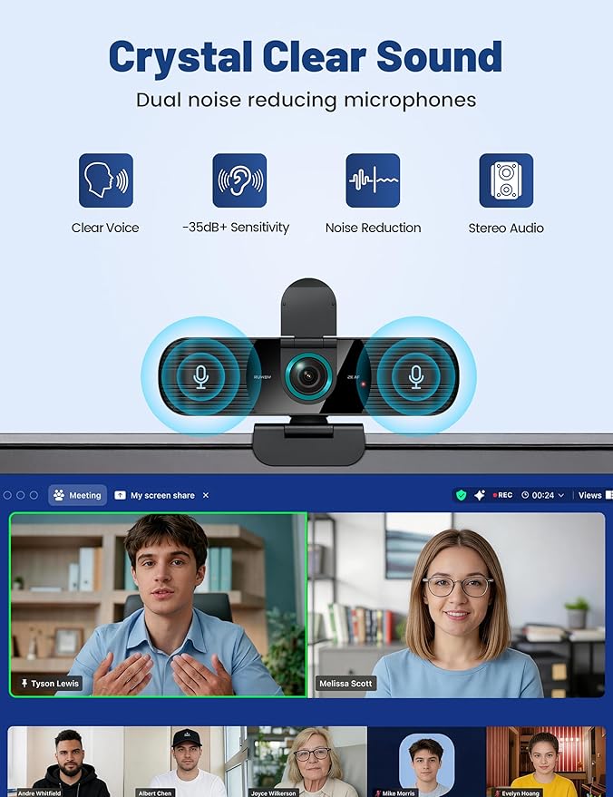 RUWBY QHD 2K Webcam with Built-in Dual Mics, Wide-Angle Lens, Privacy Cover, Tripod Stand, Autofocus PC Camera, Plug and Play for Desktop Computer or Laptop