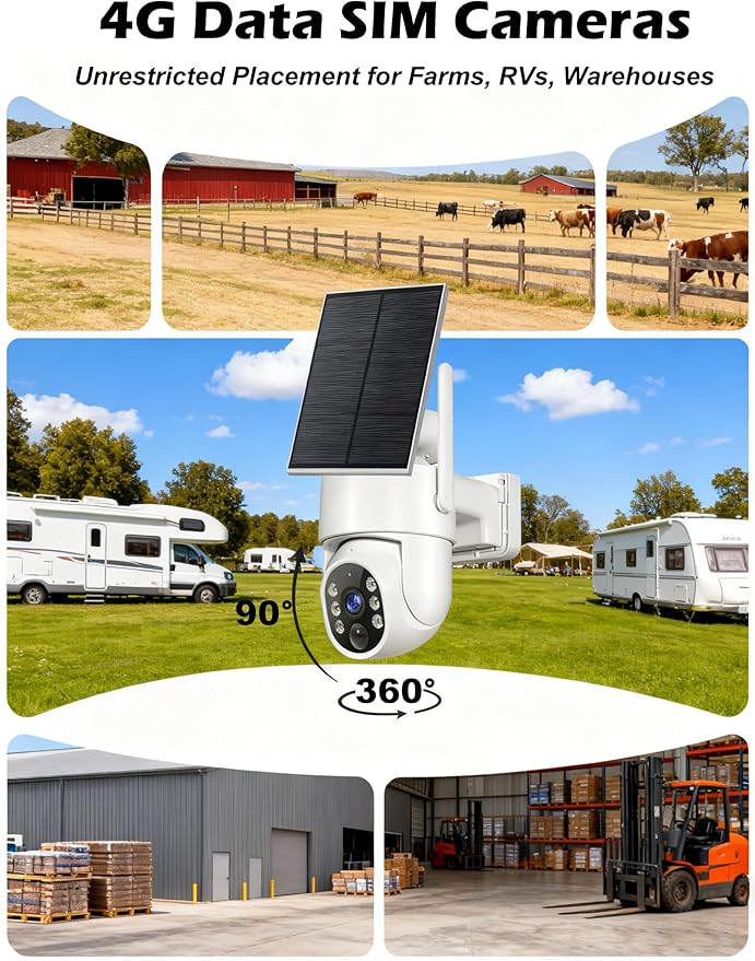 Gianteye 4G LTE Cellular Solar Security Cameras Wireless Outdoor, No WiFi Solar & Battery Powered Outdoor Security Camera, 2K Color Night Vision, Human Detection, Built in TF/SIM Card