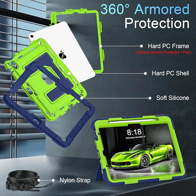 for iPad Air 11 Inch M4 (2026) /M3 (2025) /M2 (2024) iPad Air 5th/4th Generation Case 10.9 Inch (2022/2020),Military Grade Shockproof iPad Case Air 11 Inch with Pencil Holder, Navy Green