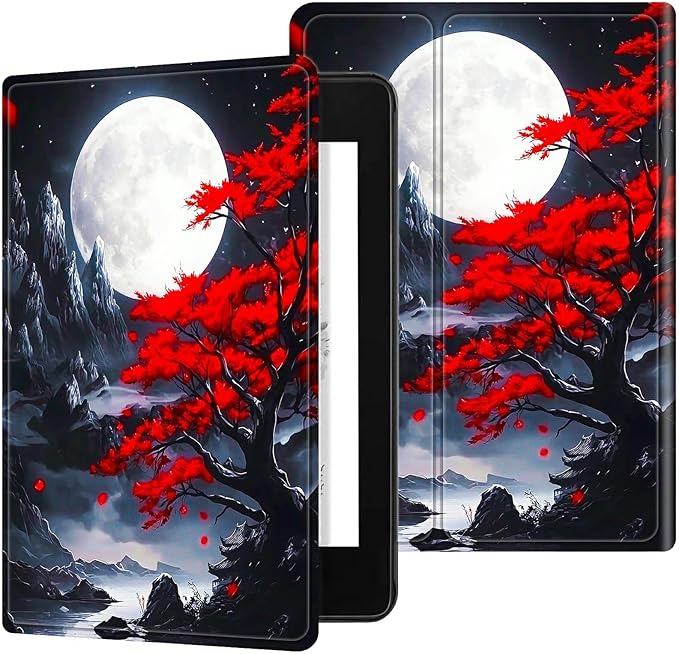 for 7" Kindle Paperwhite 12th Generation 2024/2025 & Kindle Colorsoft Signature Edition Tablet Case, Slim Kickstand Stand Leather Smart Cover with Auto Wake/Sleep, Red Leaf Moon