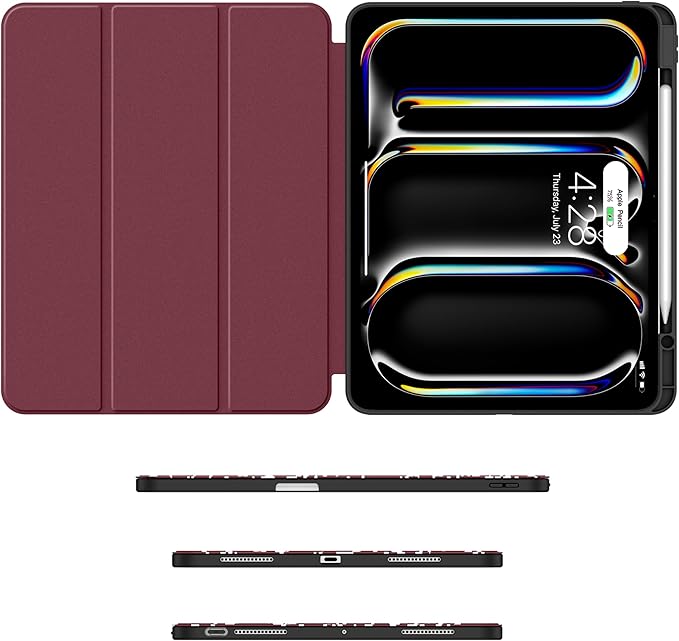 Soke Case for New iPad Pro 13 Inch (M5/M4, 2025/2024 Release), with Pencil Holder Trifold Stand Shockproof [Support Apple Pencil Charging + Auto Wake/Sleep], Soft TPU Back Cover, Book Wine