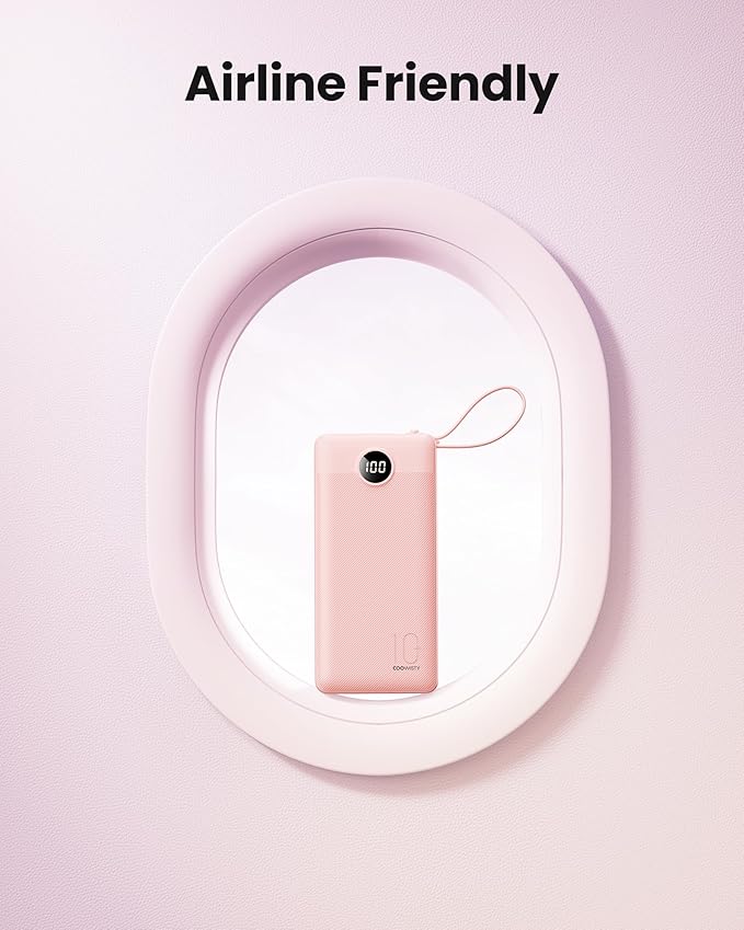 Portable Phone Charger, Slim 10000mAh Travel Essentials Power Bank with Cords Wires, Battery Pack 5 Outputs 2 Inputs LED Display Compatible with iPhone/Android & More (Pink)