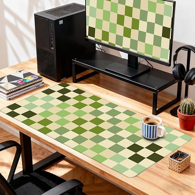 Desk Cover Mat, XXL Large Mouse Pad, Cute Desk Pad Decor for Office Game Home 31.5 X 15.7 Inch (Green Checkered)