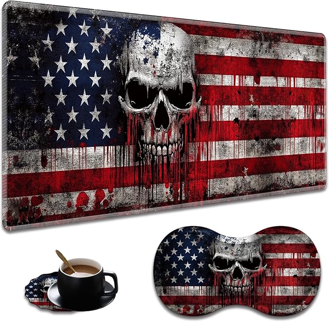 Extended Non-Slip Mouse Pad + Mouse Wrist Rest + Lace-Shaped Coaster Set, Ergonomic Design, Suitable for Desk and Home Gaming Table Mat, A Cross and an American Flag