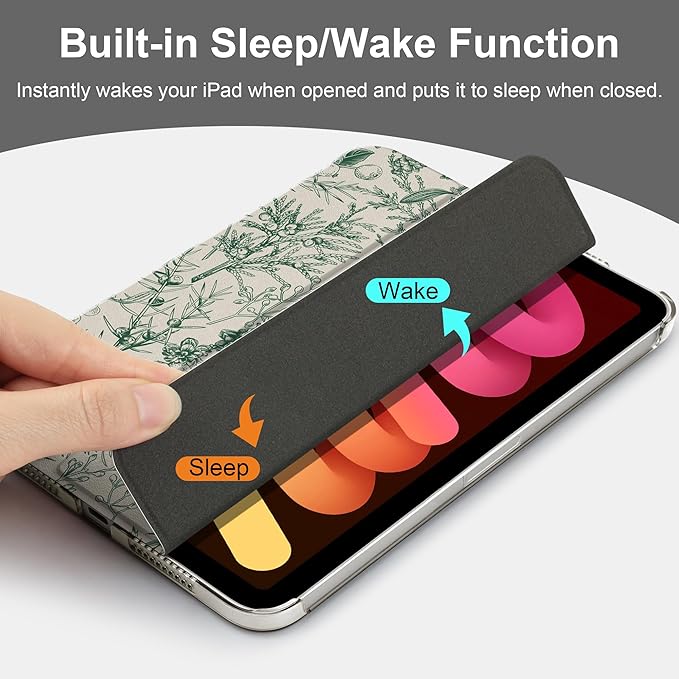 DONGKE for iPad mini 7 (A17 Pro) 2024 & iPad mini 6 2021 8.3 Inch, Slim Foldable Stand Hard PC Translucent Back Shell Smart Cover for iPad mini 7th/6th Generation [Auto Wake/Sleep] - Plant & Berry