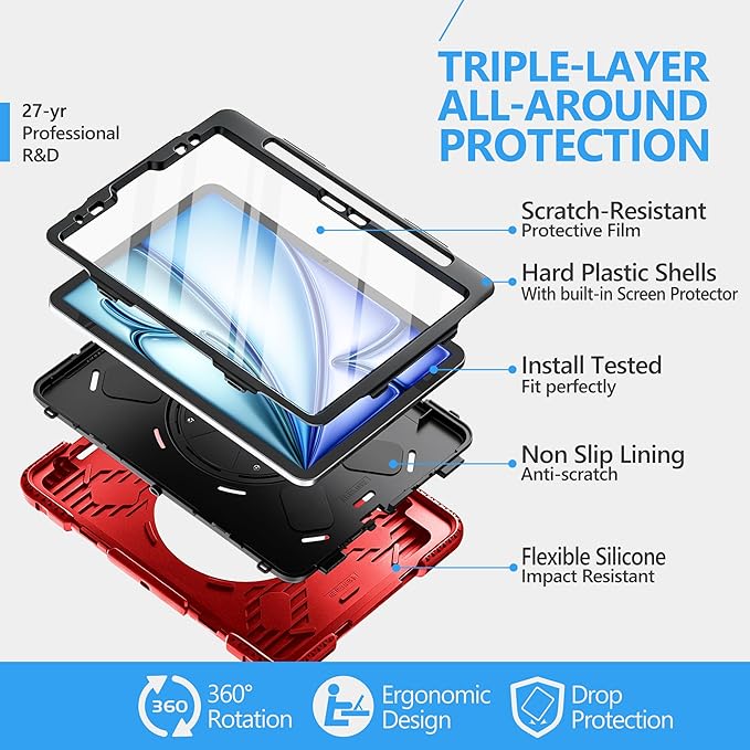 Case for iPad Air 11 M4 2026/ M3 2025/ M2 2024: Silicone Cover for iPad Air 5th & 4th Generation 10.9 Inch (2020/2022) with Screen Protector- Stand- Handle- Shoulder Strap- Pencil Holder