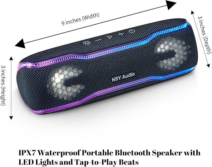 IPX7 Waterproof Bluetooth Speaker, 24H Playtime, LED Lights, Wireless Outdoor Speaker for Pool, Beach, Shower, Blue