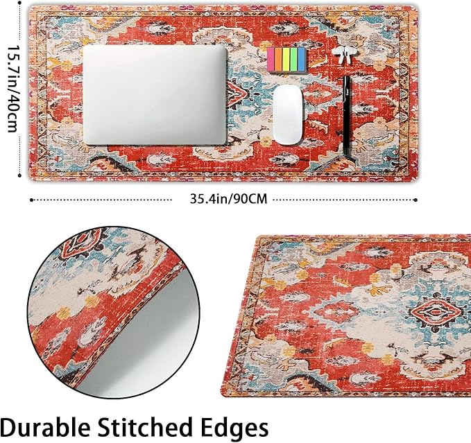 Vintage Rug Mouse Pad XXL Red Orange Retro Carpet Aesthetic Extended Table Mat 90X40 cm Non-Slip Rubber Base Stitched Edge Large Mousepad for Gaming Laptop Computer Desk Top 35.4×15.7 Inch