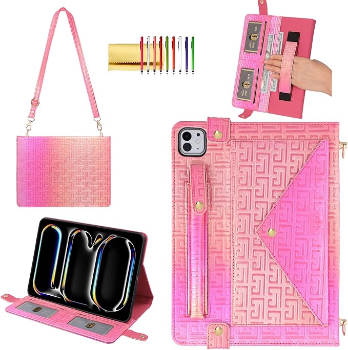 Shiny Case for iPad Pro 13" M5 M4 (2025/2024) Handbag Case, Techcircle Iridescent PU Leather Folio Envelope Pocket Stand Cover with Hand Strap+Shoulder Strap+Pencil Holder+Card Slots, Shiny Rose Pink