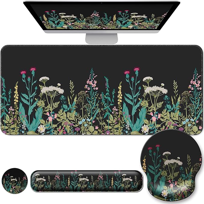 Desk Mat Set + Keyboard and Mouse Pad with Wrist Rest Support,4-in-1 Large Mousepad Computer Mats for Desktop Home & Office-Floral Flowers