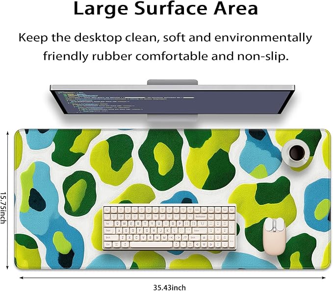 35.4 x 15.7 in, XXL Large Mouse Pad for Desk, Extended Keyboard Mouse Mat for Computer Office, Big Mouse pad with Stitched Edges, Gaming Pc-Abstract Leopard Print Green and Blue