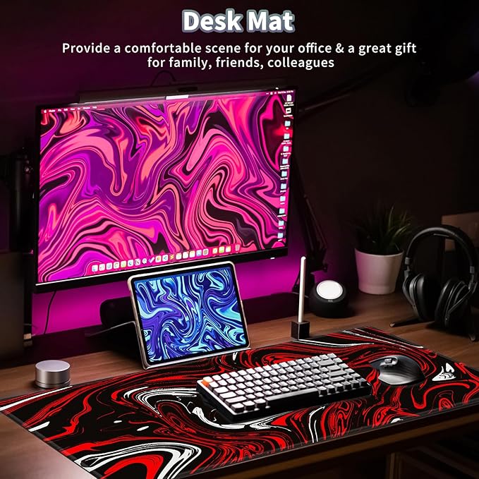 Gaming Mouse Pad, Red and Black Swirl Big Desk Pad for Keyboard and Mouse, Extended 35.5" X 15.75" In Computer Keyboard Mouse Mat 3mm Thick XXL Rubber Mousepad for Laptop Gamer, Fluid Marble