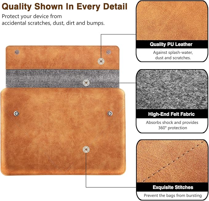 MoKo 13-13.3 Inch Laptop Sleeve Fits New 13-inch Mac Neo/Pro 13" M2/M1, MacPro 14", Mac Air 13.3", iPad Pro 13, Surface Pro 9/8 13", Felt & PU Leather Case Bag with Pocket, Gray&Brown