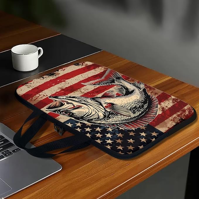 American Flag Fish Laptop Sleeve, Shockproof Laptop Tote Bag, Computer Bag Fits Up to 17 Inch, Zipper Tablet Sleeves Carrying Case for 4th of July USA 250 Years, Notebook Briefcase