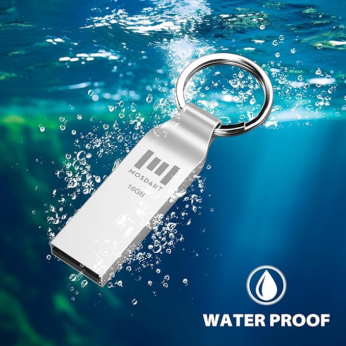MOSDART Waterproof 16GB USB2.0 Flash Drive, FAT32 Metal Memory Stick with Keychain, for System Back, Data Storage, Silver