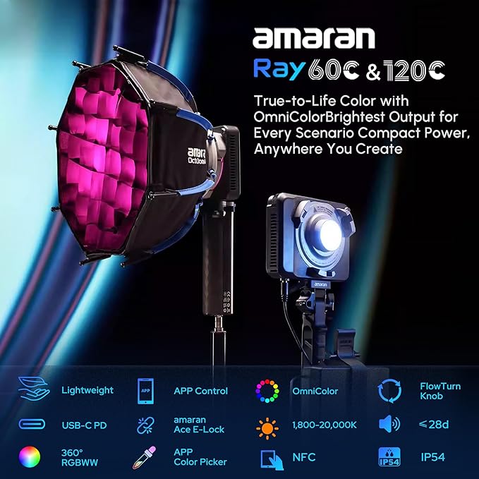 Amaran Ray 60c RGB Video Light,60W Portable Studio Photography Light CCT 1,800K-20,000K with Softbox Portable Bag for YouTube,TikTok,Live Streaming,Weddings,Vlog