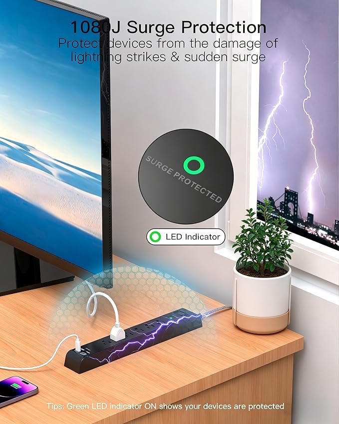 Surge Protector Power Strip 25FT, 10-in-1 with 6 AC Outlets 4 USB Ports(2 USB-C), Ultra Flat Plug Braided Extension Cord, Wall Mountable, 1080J Surge Protection, ETL Listed, Black