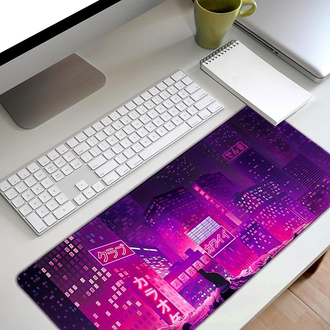 Gaming Laptop Mouse Pad,Sea Wave Big Mice Pads PC Keyboard Waterproof and Non-Slip 31.5" x 11.9" 0.12" Thick XL,XXL Rubber Table Mat, Purple Cyberpunk City Night View