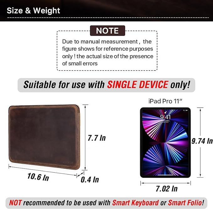 Top Grain Leather 11" Sleeve Slim Protector Case for Tablet, Solid Vintage Design, Fully Handmade, Compatible with 10.5"/10.9"/11" iPad Pro/Air, 10.2" iPad 7th/8th/9th Gen, Coffee 11 Inch